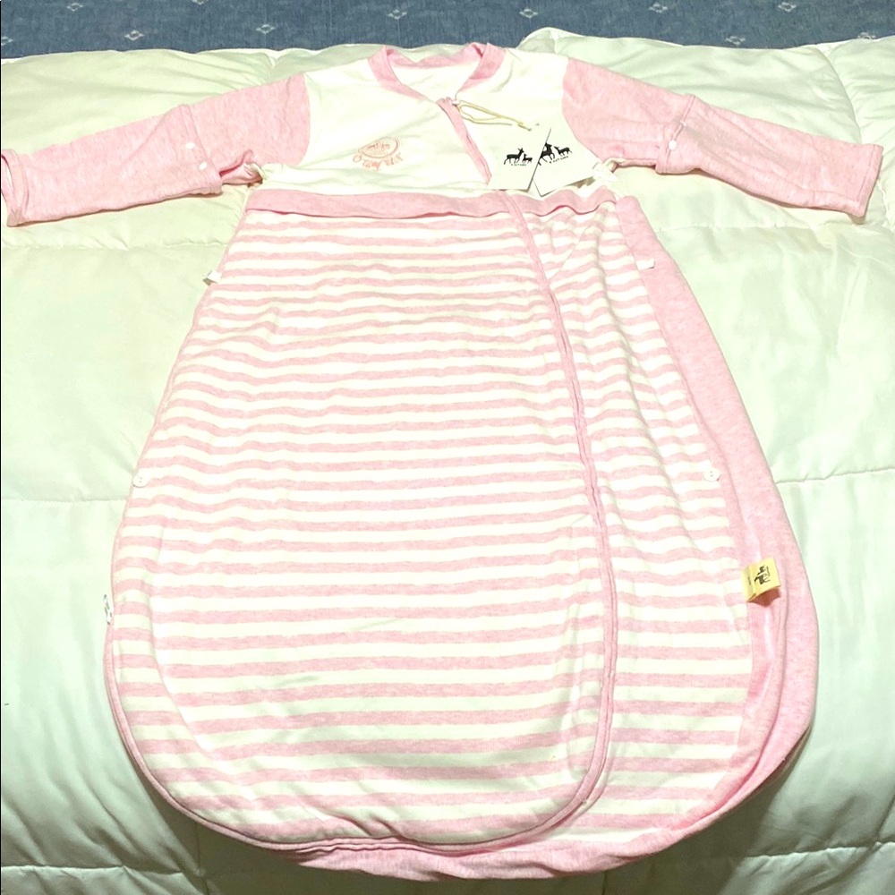 NWT OuYun baby organic sleeping bag w detachable sleeves, pink and white